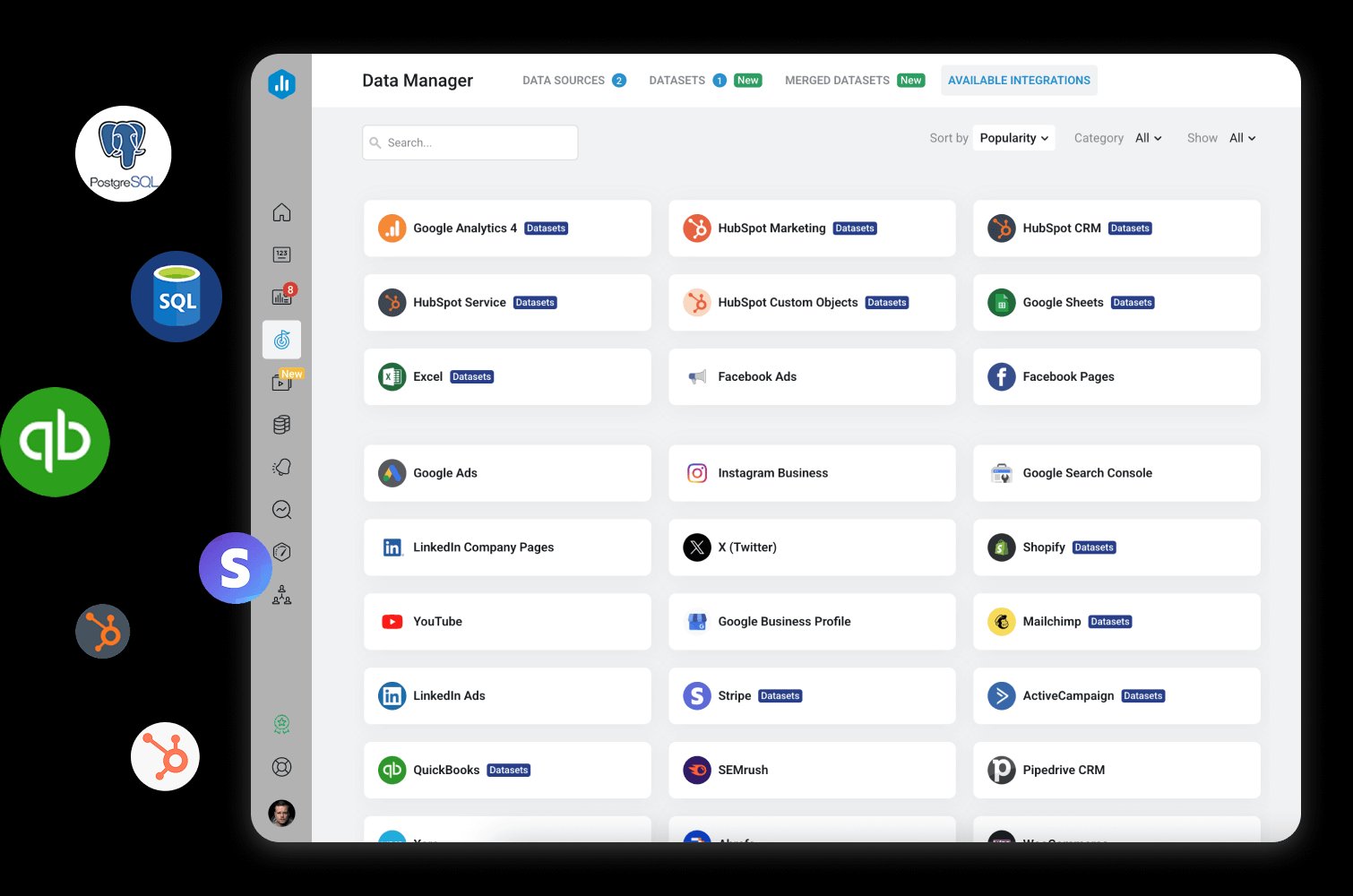 Databox Data Manager showing available integrations including Google Analytics 4, HubSpot, Facebook Ads, Google Ads, Shopify, Stripe, LinkedIn, and 100+ more